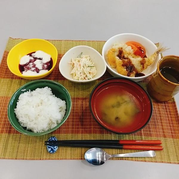5.29鯵フライ・スパゲティサラダ・小松菜の味噌汁・ブラマンジェ　　常食.jpg